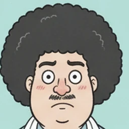 天然パーマに口ひげの男性