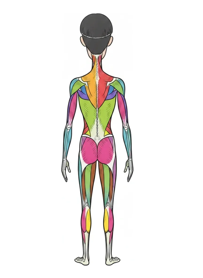 体の後ろ側の筋肉を色分けした解剖図。背中・肩の後ろ・腕の裏・尻・脚の裏の筋肉が分かれて描かれている