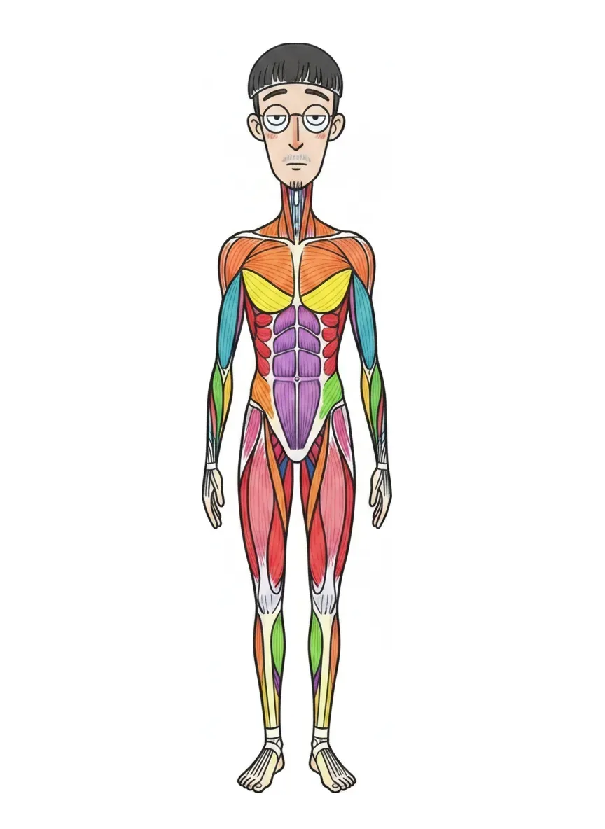 体の前側の筋肉を色分けした解剖図。胸・肩・腕・腹・脚の筋肉が分かれて描かれている
