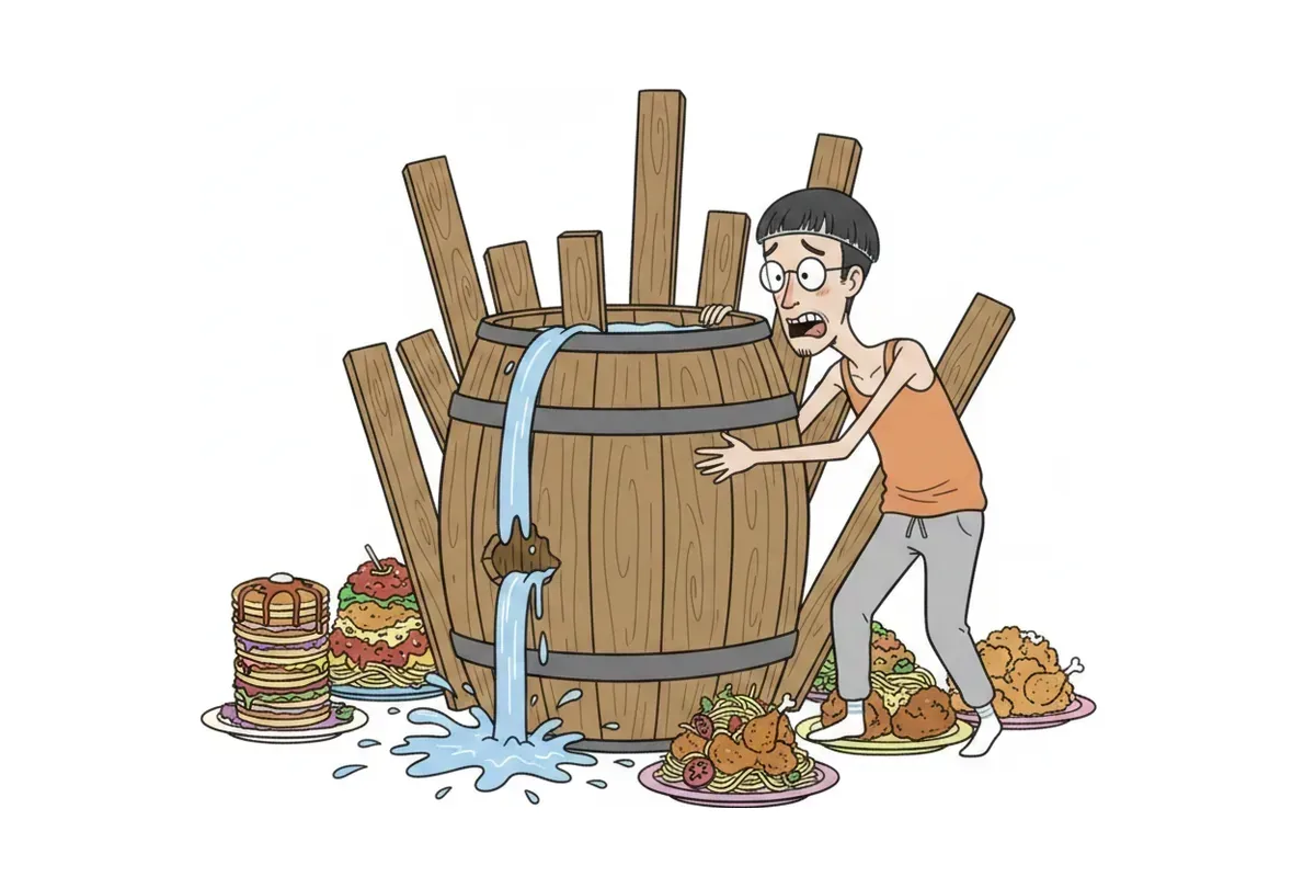 板の長さがふぞろいな樽から、いちばん短い板のところだけ水があふれているイラスト