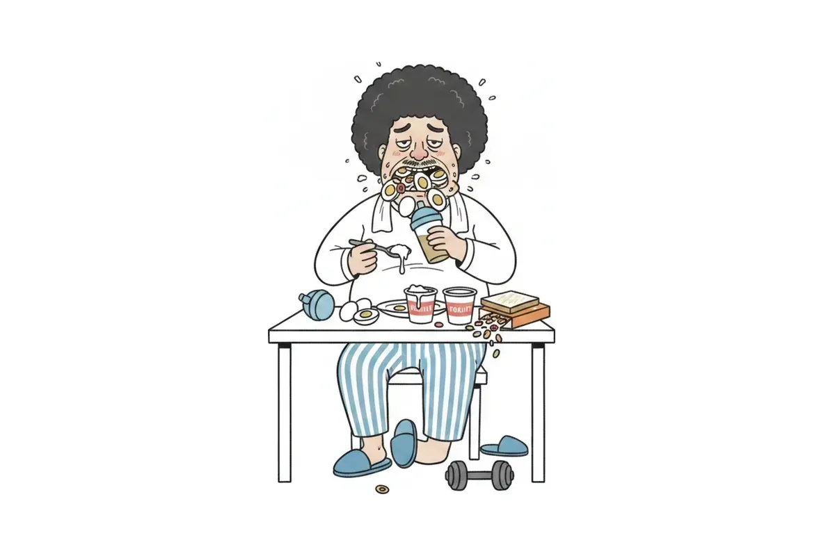 パジャマの太った男性が、寝ぼけたまま卵とヨーグルトとプロテインを詰め込むイラスト