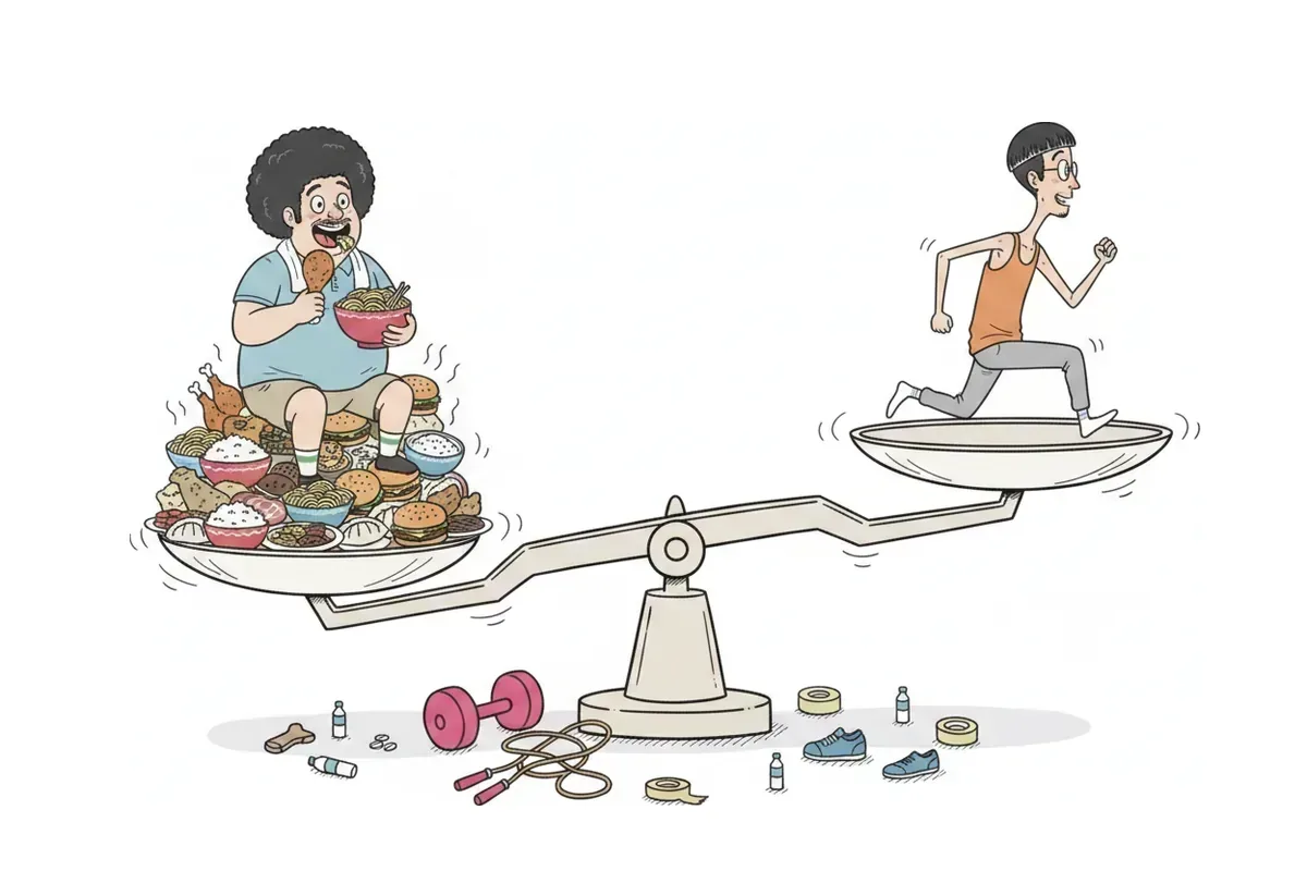天秤の片方に山盛りの食事、もう片方で痩せた男性が走っているイラスト