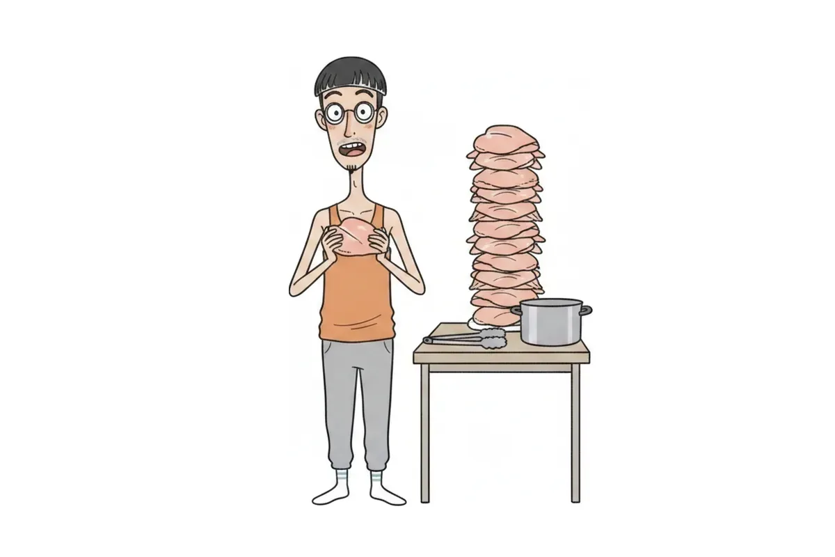 痩せた男性が鶏むね肉を掲げ、後ろに巨大な鶏と積み上がった胸肉があるイラスト