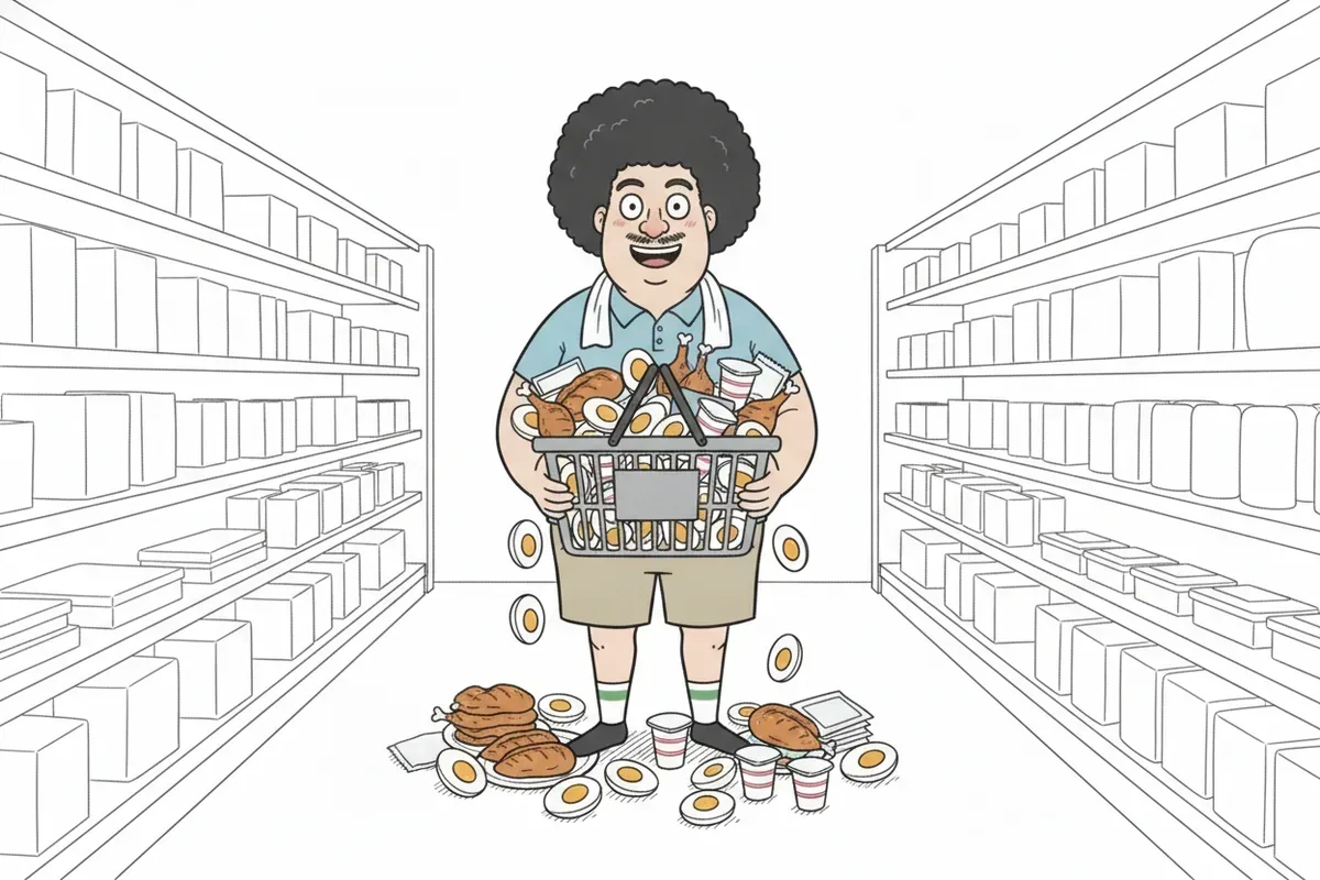 太った男性が、卵と鶏肉とヨーグルトで買い物かごをあふれさせているイラスト