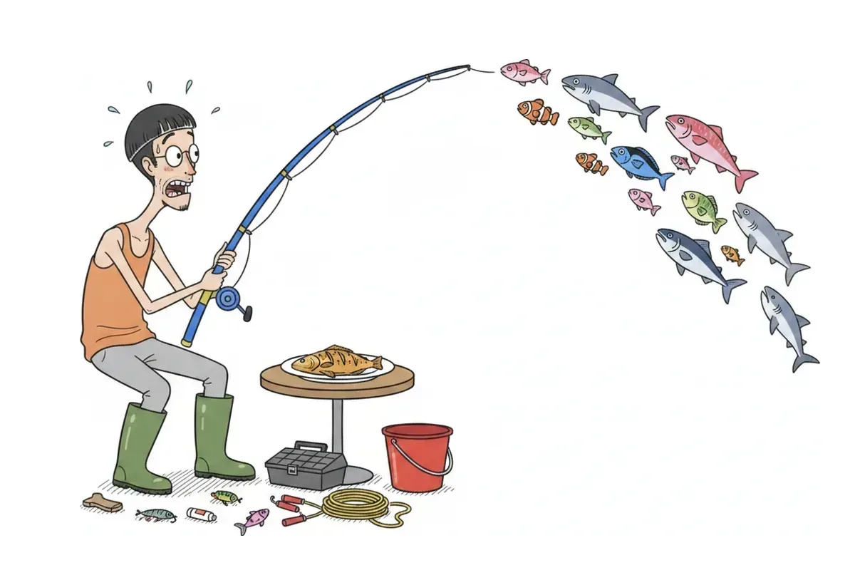 長靴の痩せた男性が釣り竿を曲げ、何種類もの魚が飛んでくるイラスト