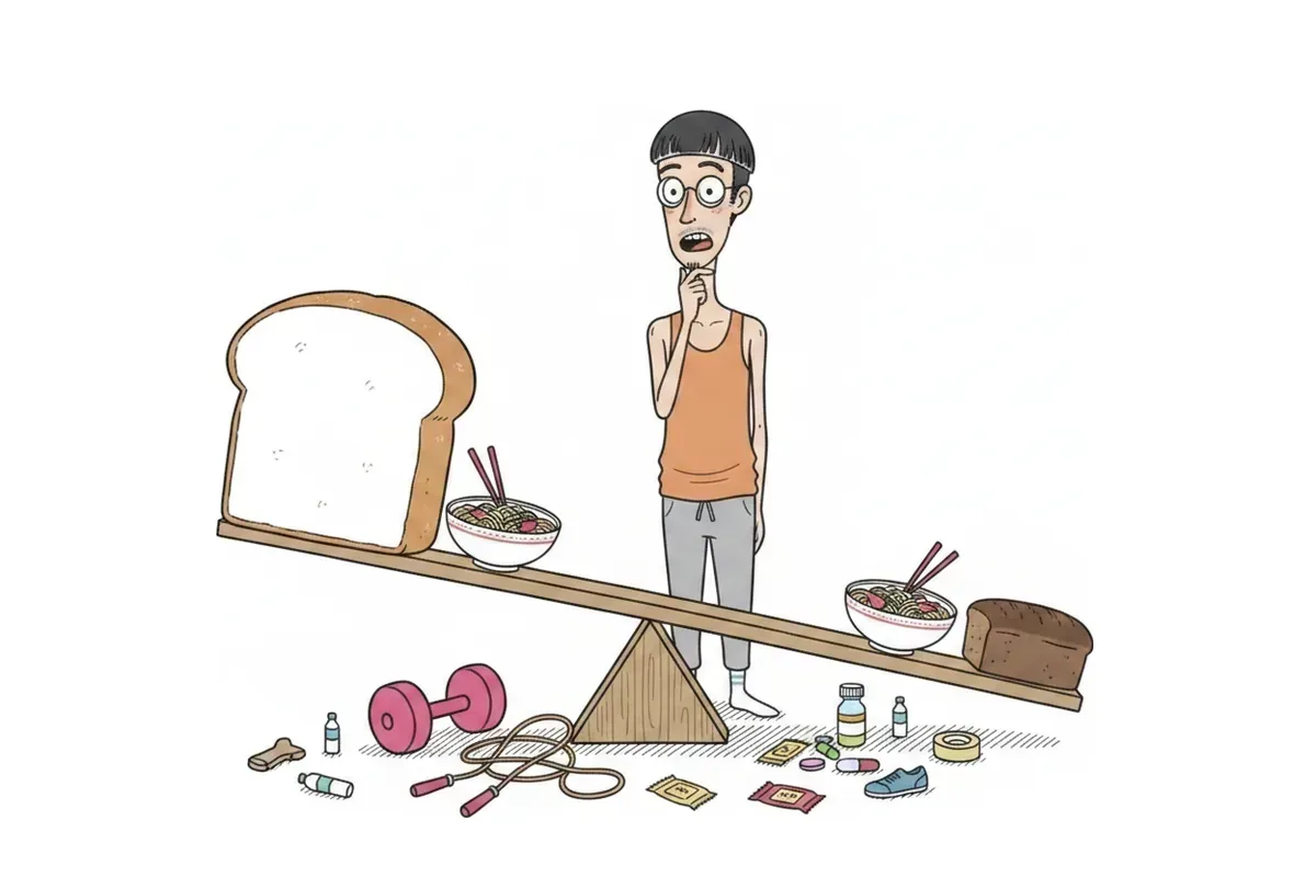 シーソーの片側に白いパン、もう片側にふすまのパンが乗っているイラスト