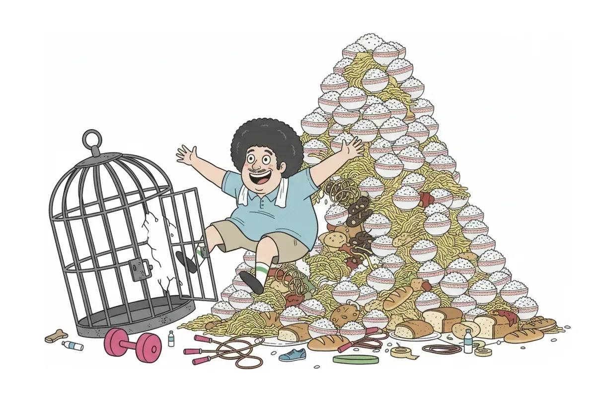 太った男性が檻を破って、ご飯と麺の山に飛び込んでいるイラスト