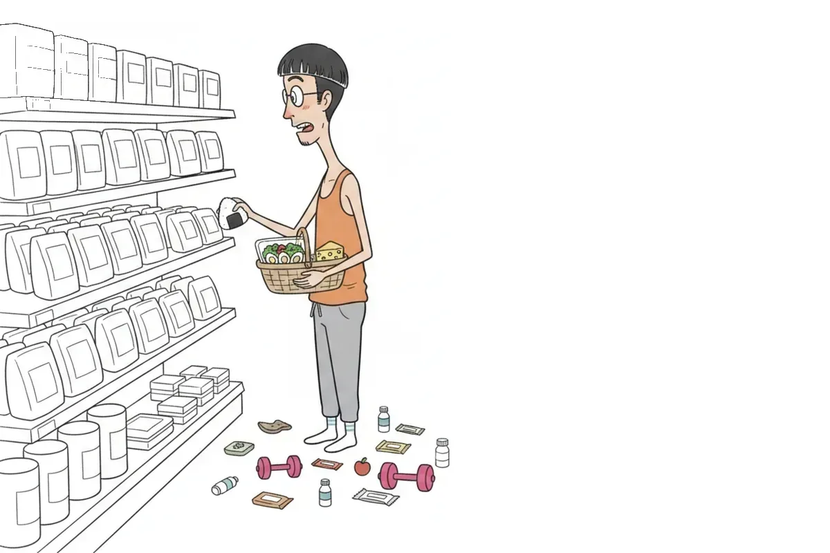 痩せた男性がコンビニの棚でサラダと卵を選び、おにぎりを戻しているイラスト