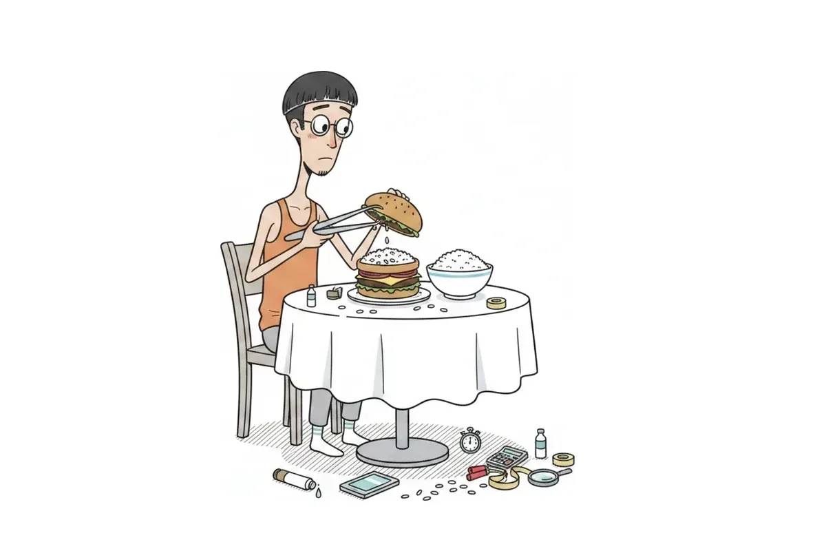 痩せた男性が巨大なピンセットでハンバーガーのパンを外しているイラスト