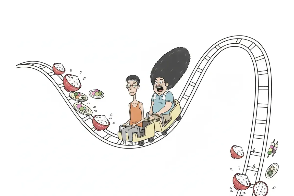 ゆるい坂と急な落下があるジェットコースターに2人が乗っているイラスト