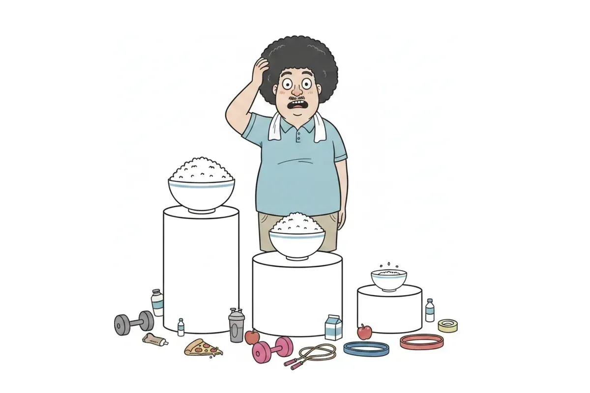 高さの違う3つの台に、大中小のご飯茶碗が乗って迷っているイラスト