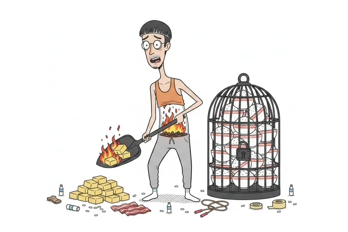 腹の中の炉にバターとベーコンをくべ、後ろの檻にご飯が入っているイラスト