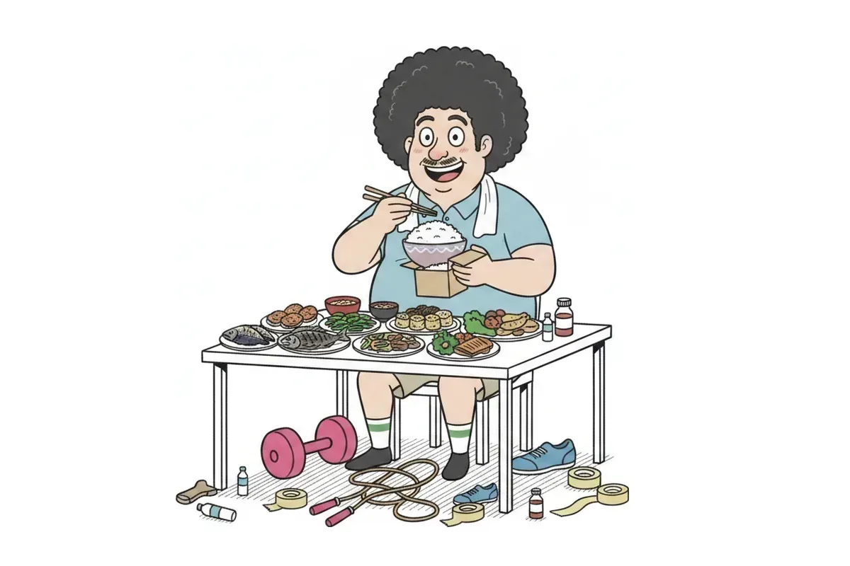 太った男性が半分のご飯を食べ、残り半分を箱にしまっているイラスト