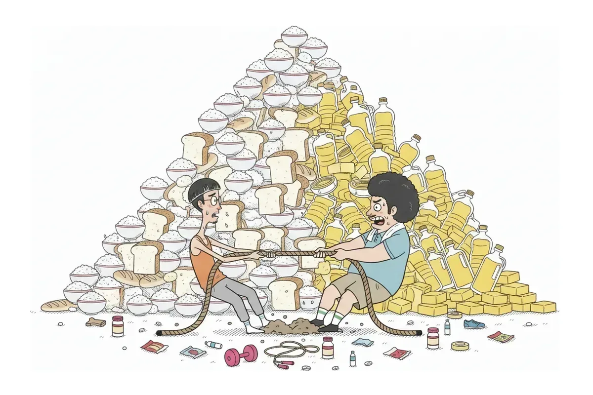 ご飯の山と油の山を背にして、2人が綱引きをしているイラスト