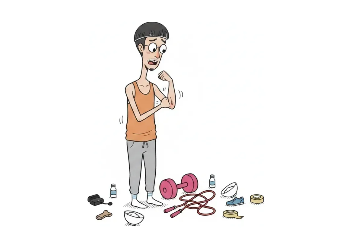 痩せた男性の腕が風船のようにしぼみ、空のご飯茶碗が転がっているイラスト