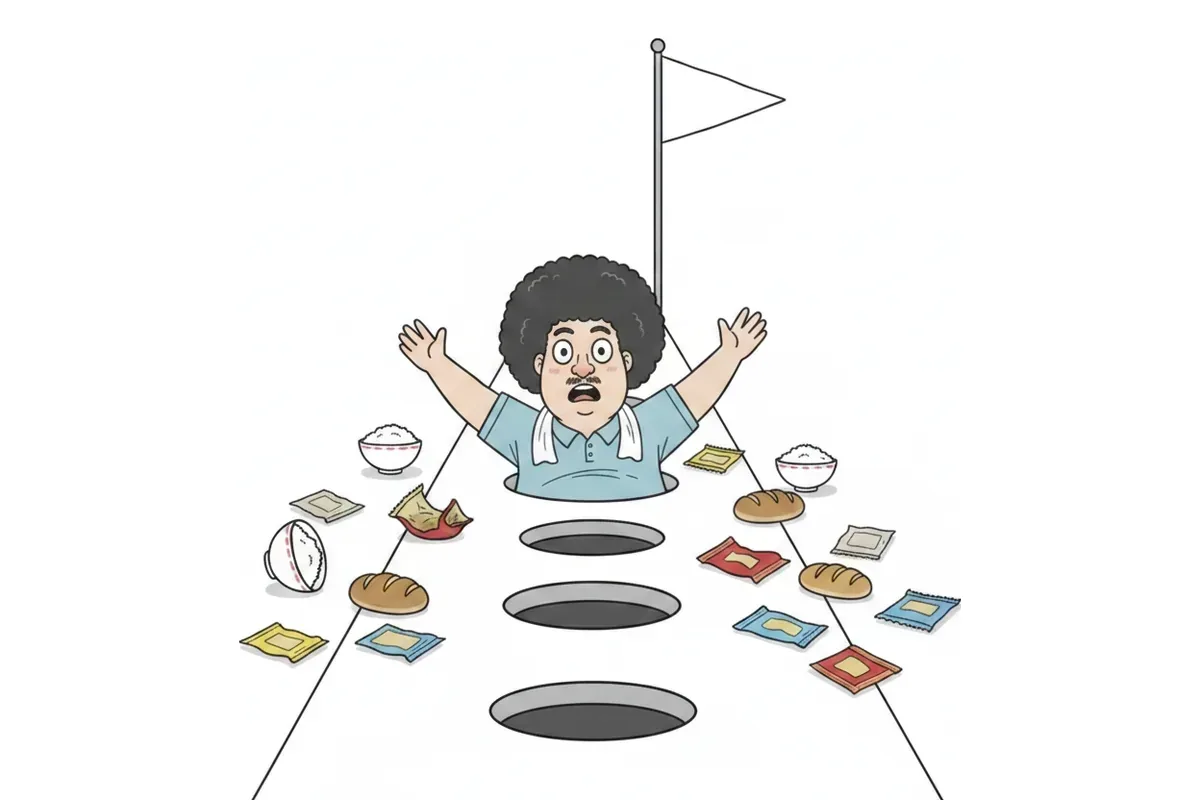 5つの落とし穴が並ぶ道で、太った男性が3つ目に落ちているイラスト