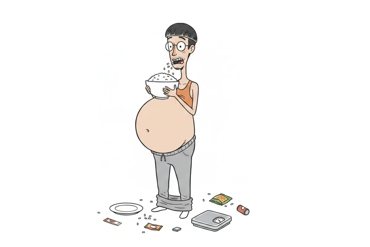 痩せた男性が風船のようにふくらんで浮き上がり、ご飯を食べているイラスト
