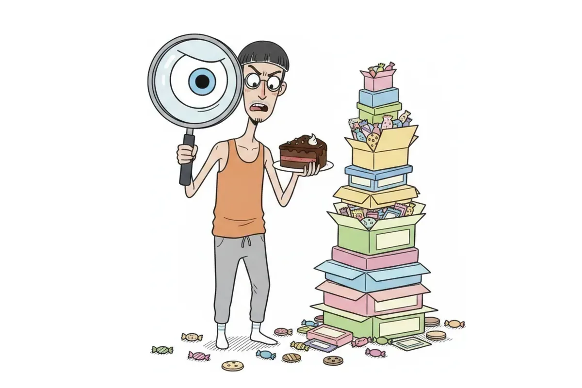 痩せた男性が虫眼鏡でケーキを調べ、後ろに菓子の箱が積まれたイラスト
