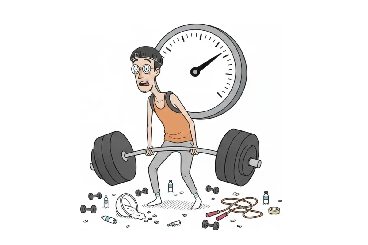 背中に空を指す燃料計を背負って、痩せた男性がバーベルを持ち上げるイラスト
