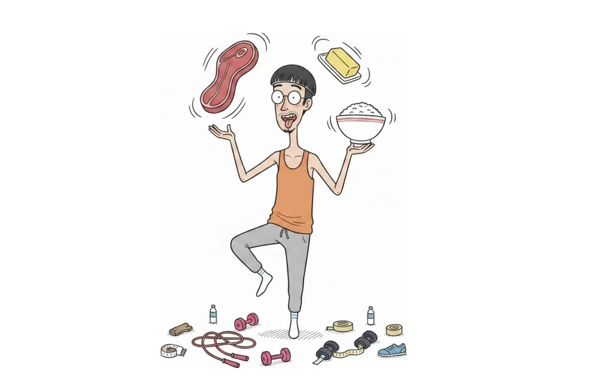 痩せた男性が、肉とバターとご飯茶碗を片足立ちでお手玉しているイラスト