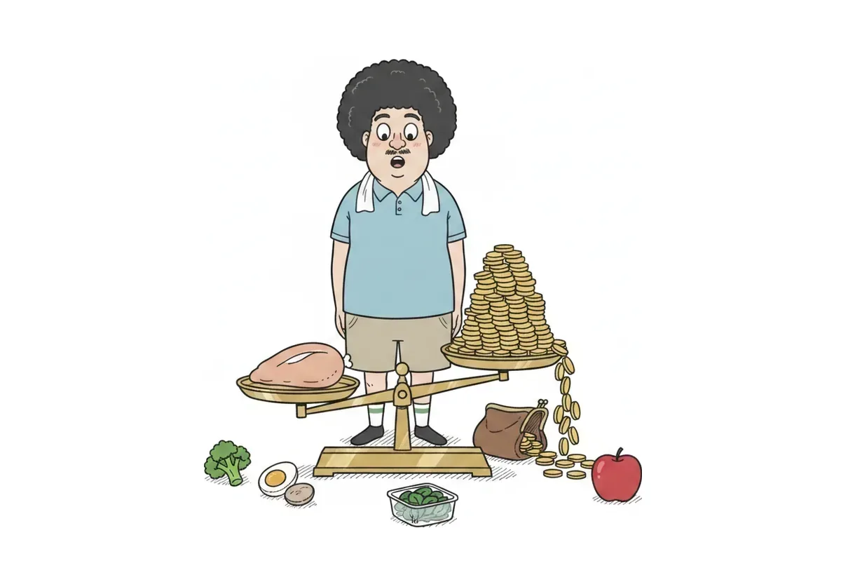 天秤で鶏むね肉と山盛りの硬貨を量っているイラスト