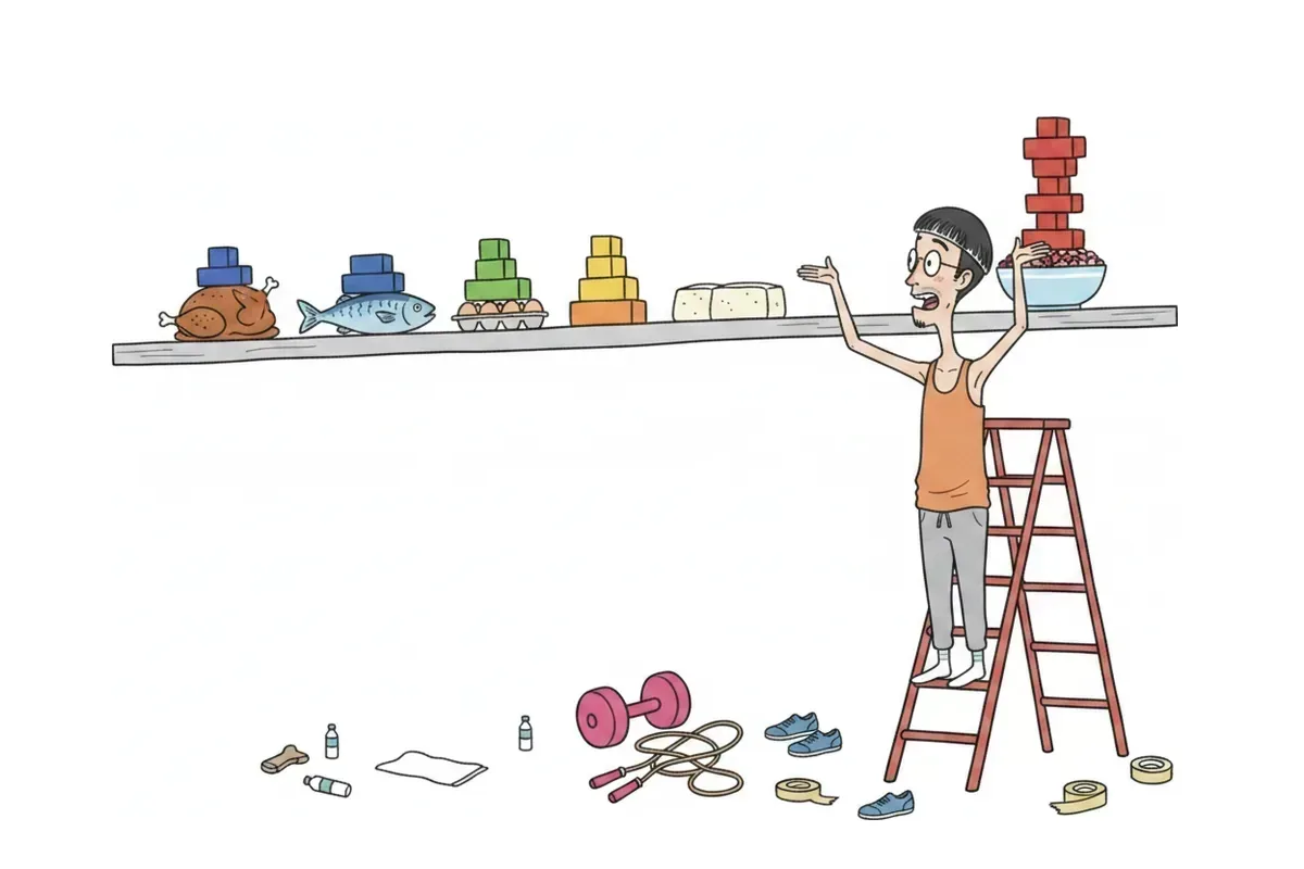 長い棚に食品を並べ、それぞれの上に高さの違う積み木が乗っているイラスト