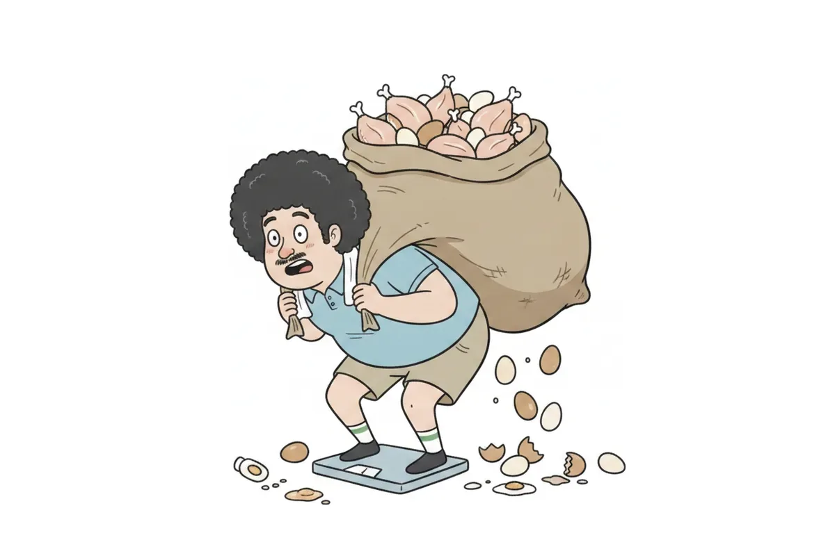 鶏肉と卵で膨らんだ袋を背負い、目盛りのない体重計に乗っているイラスト