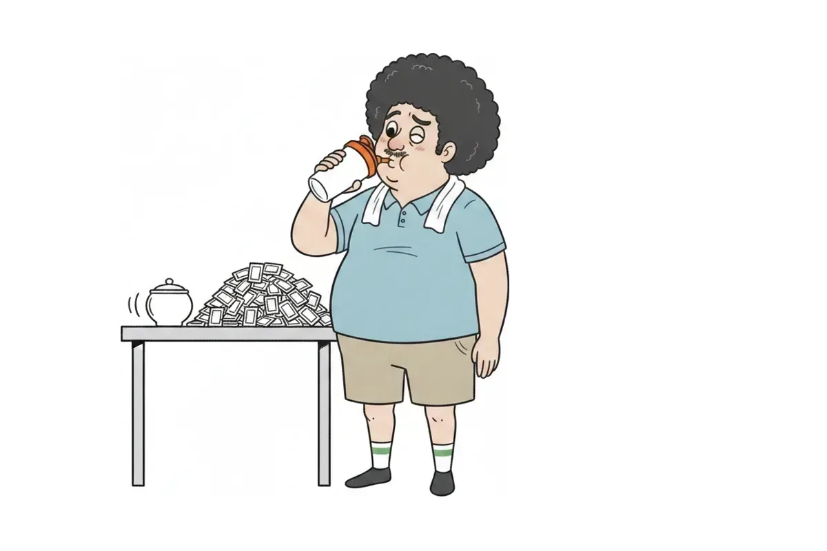 太った男性が片目をつぶってシェイカーの中身を味見しているイラスト