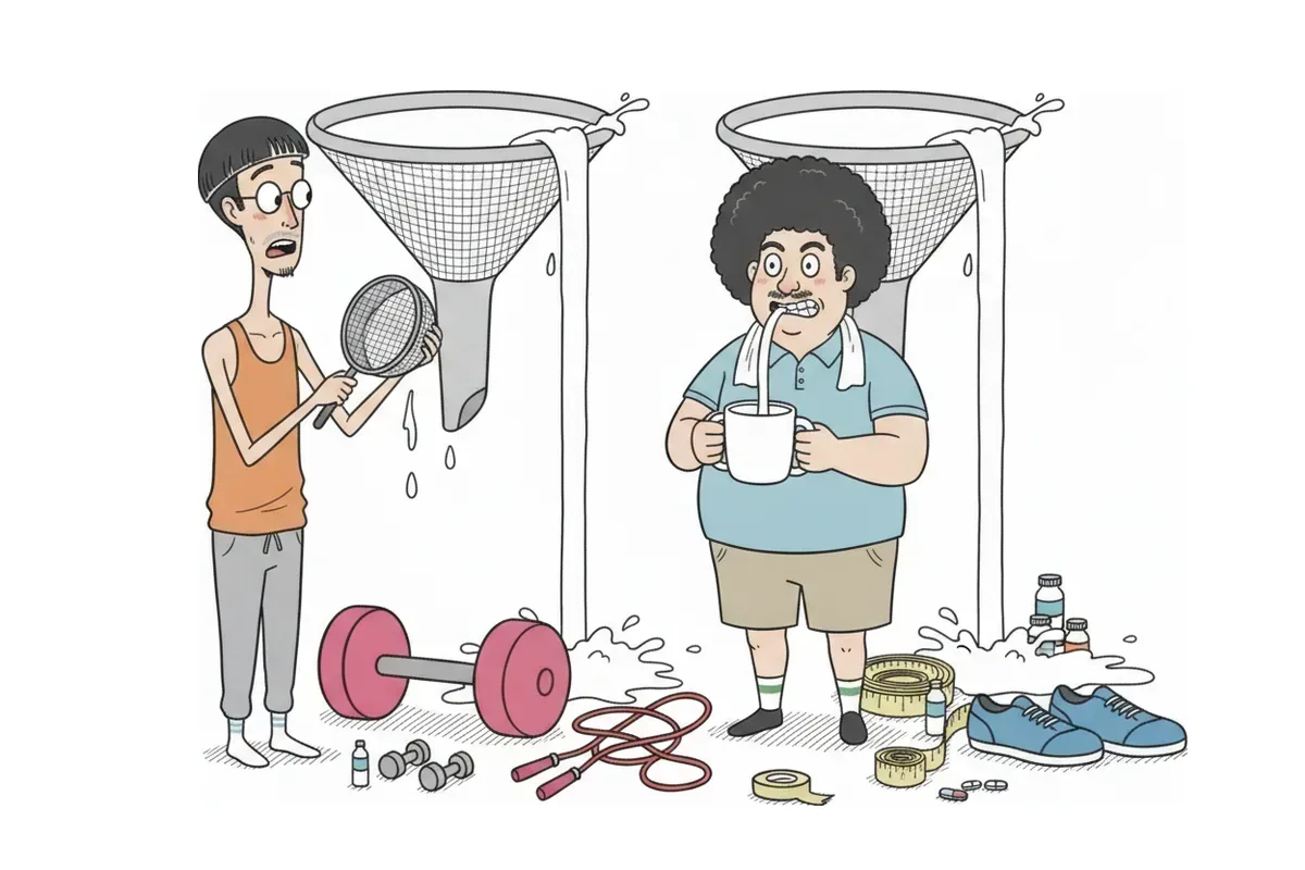 目の粗いこし器と細かいこし器の2つのじょうごで牛乳をこしているイラスト