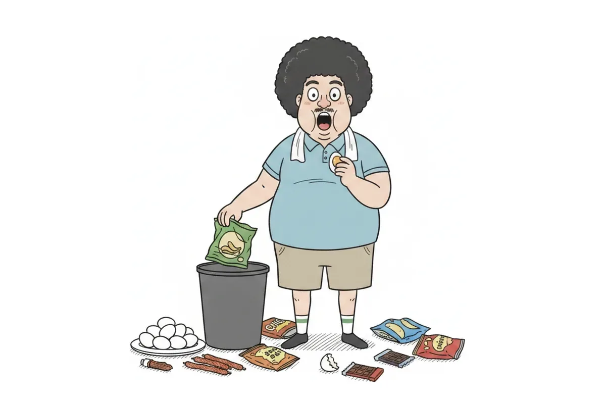 太った男性が菓子袋をごみ箱に投げ、ゆで卵とささみを口に運んでいるイラスト