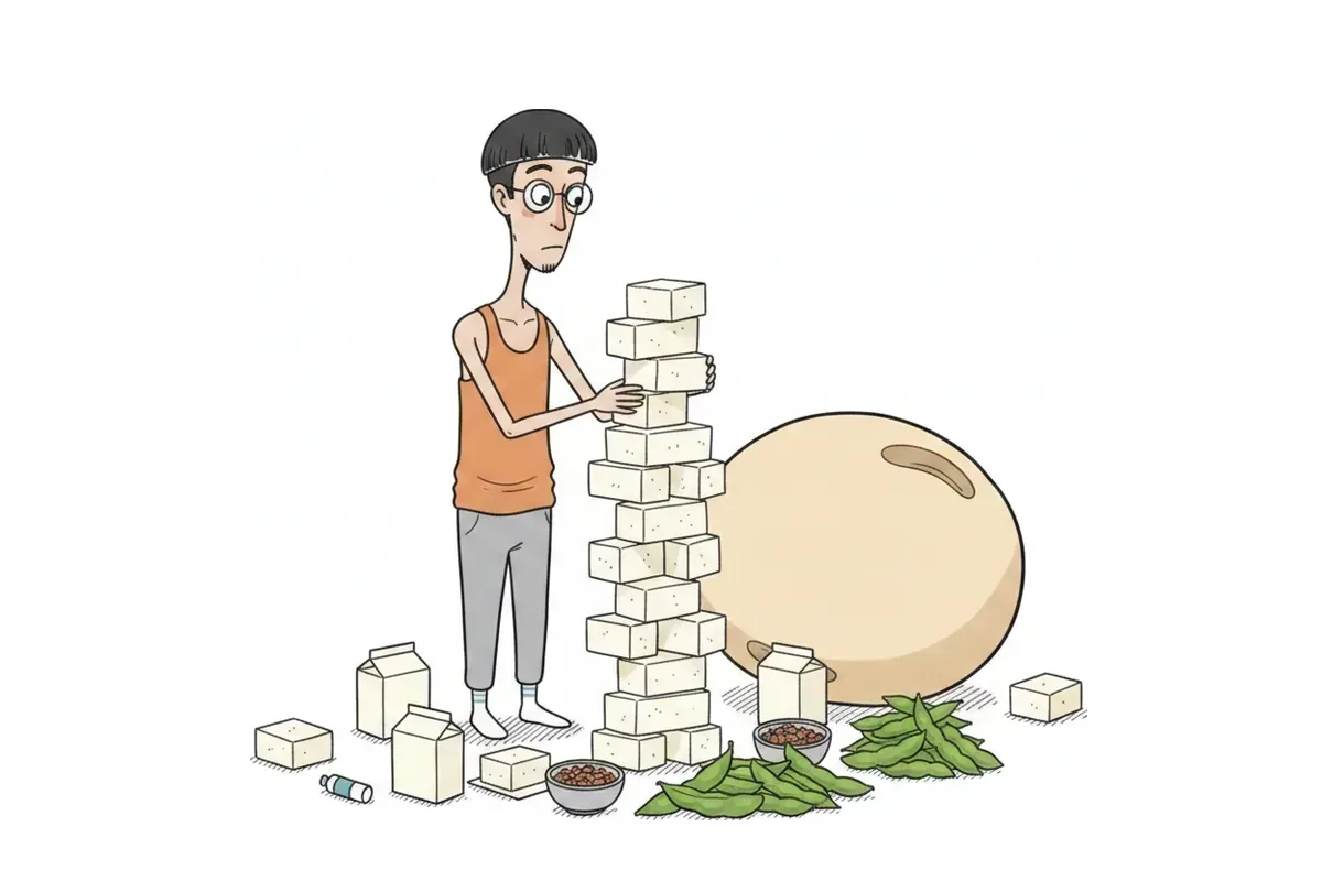 痩せた男性が豆腐と無地のパックで塔を組み、巨大な大豆が転がっているイラスト