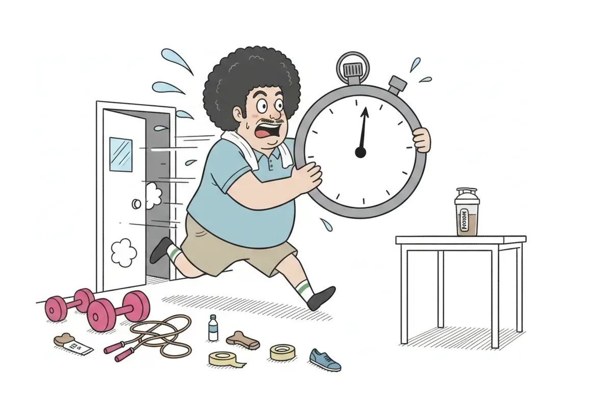 太った男性がジムから走り出て、目盛りだけの巨大なストップウォッチを抱えるイラスト