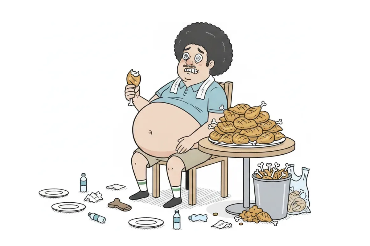 太った男性が鶏肉を口いっぱいに詰め込み、腹が大きく膨らんでいるイラスト