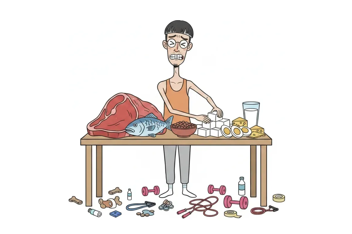 痩せた男性が肉と魚を足で押しのけ、豆腐と豆と卵で食事を組んでいるイラスト