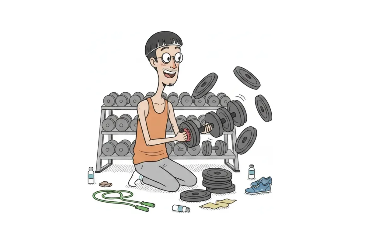 痩せた男性が可変式ダンベルのダイヤルを回し、プレートがひとりでに着脱されているイラスト