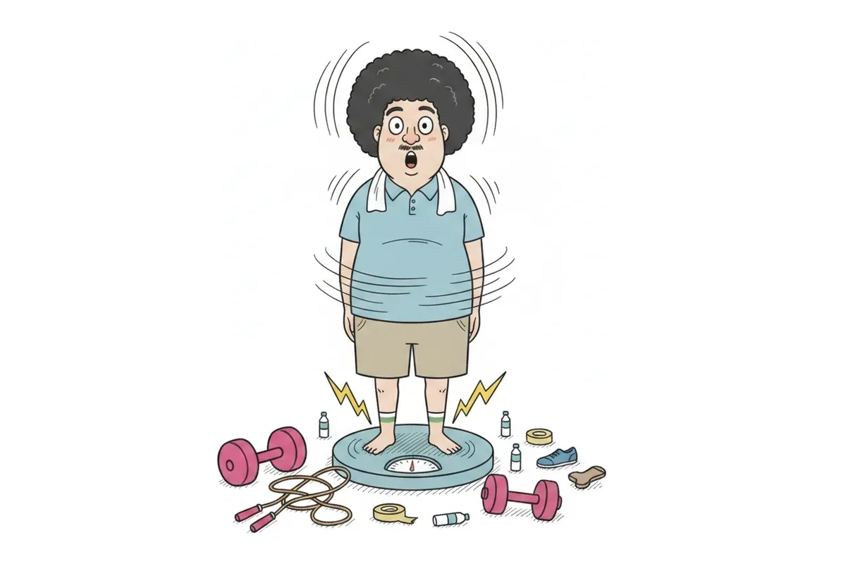 太った男性が目盛りのない丸い体組成計に乗り、針が激しく回っているイラスト