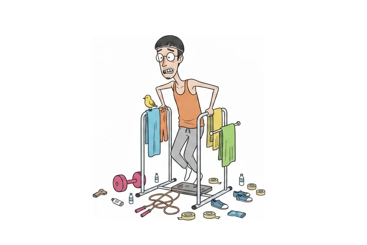 痩せた男性がディップススタンドでディップスをし、そのスタンドが物干しと止まり木も兼ねているイラスト