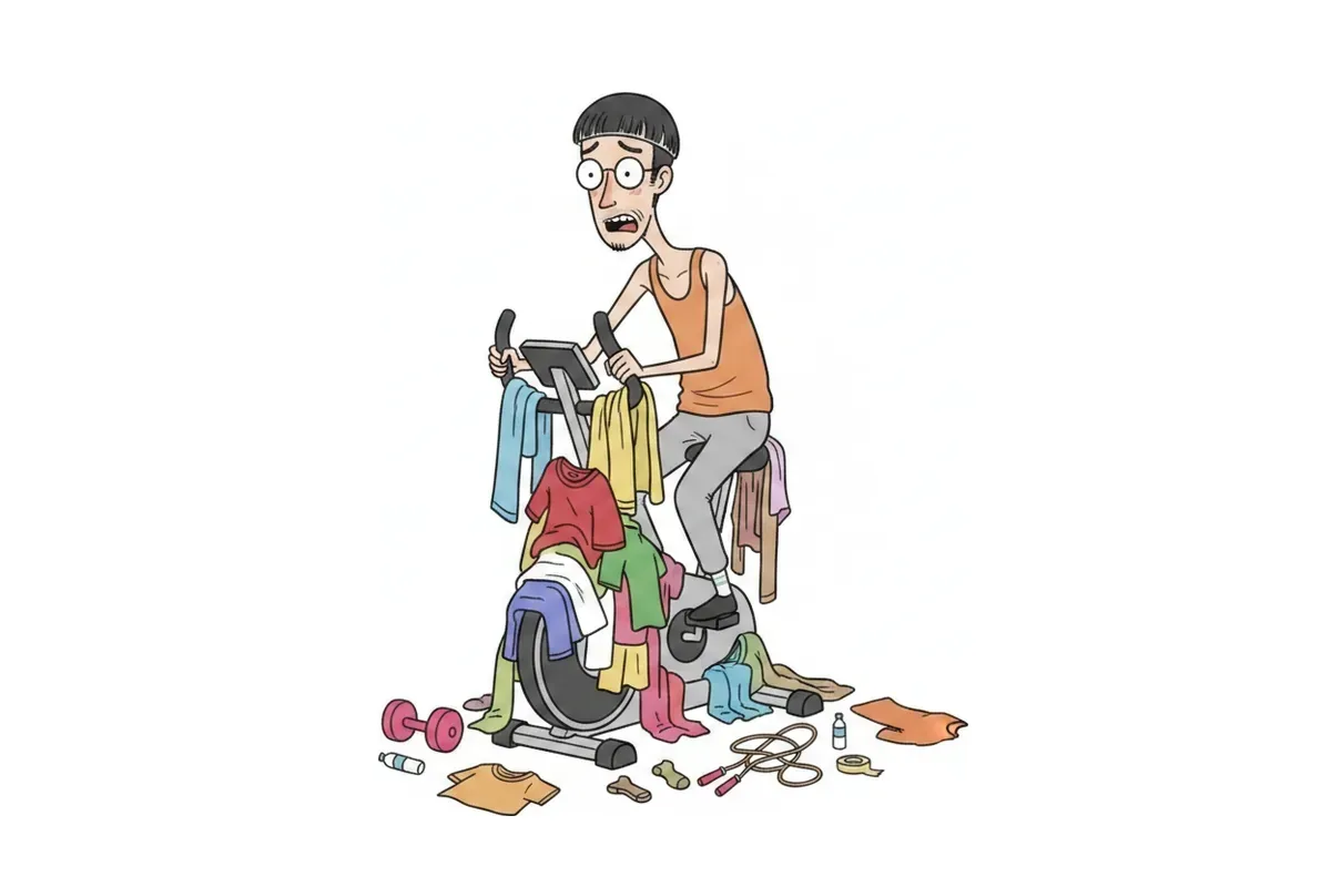 痩せた男性が、洗濯物に完全に覆われたフィットネスバイクをこいでいるイラスト