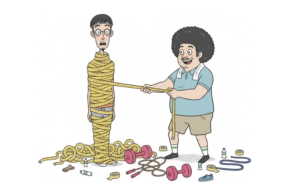 痩せた男性が長いメジャーで頭から足まで巻かれ、太った男性が端を引いているイラスト