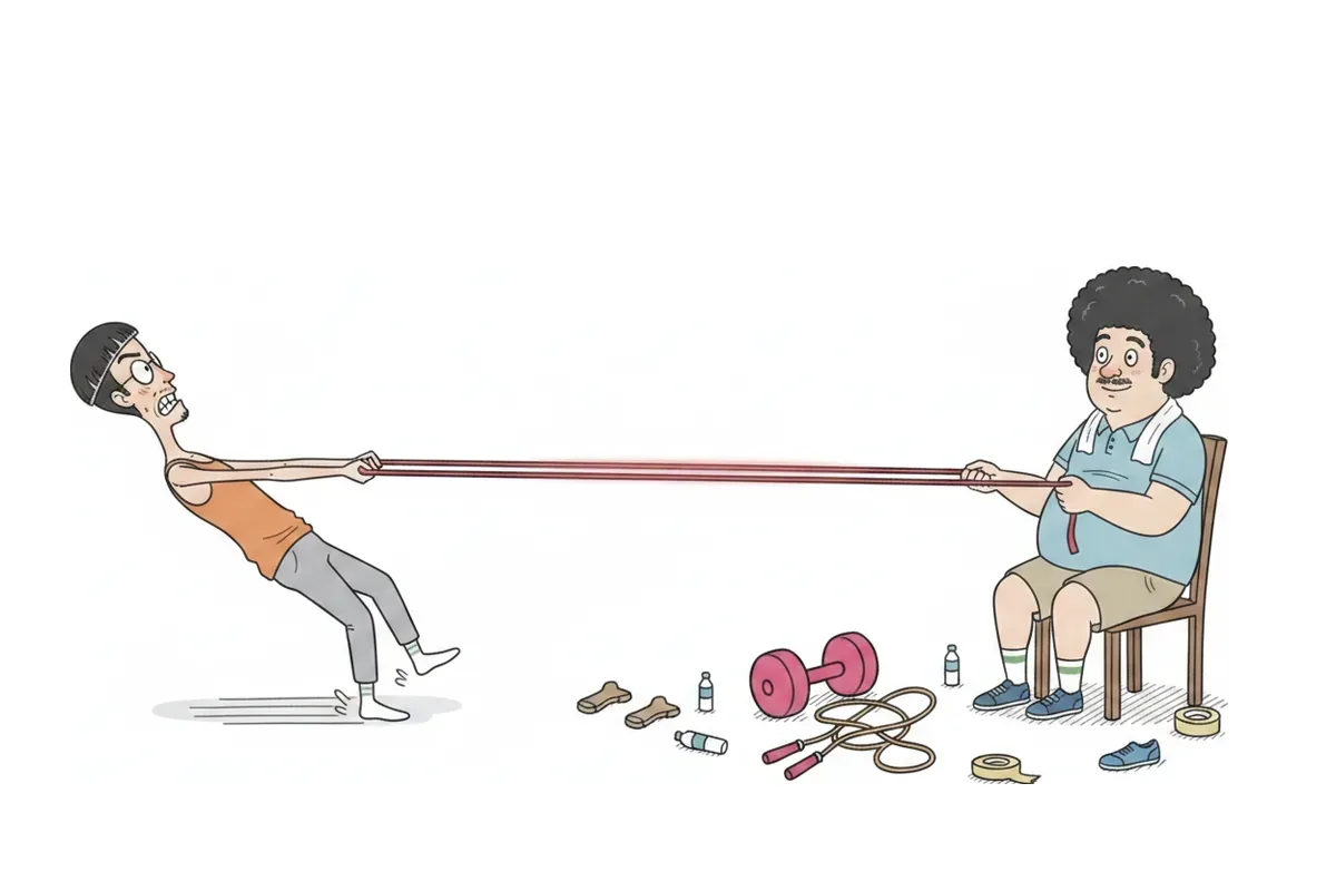 痩せた男性がトレーニングチューブを引いて足を滑らせ、太った男性が椅子に座ったまま平然と反対側を持っているイラスト