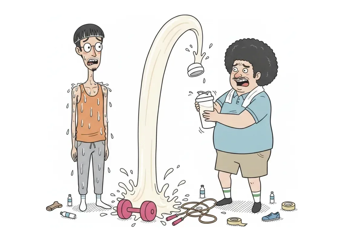 太った男性がシェイカーを振りすぎて蓋が飛び、中身が噴き上がって痩せた男性がずぶ濡れのイラスト
