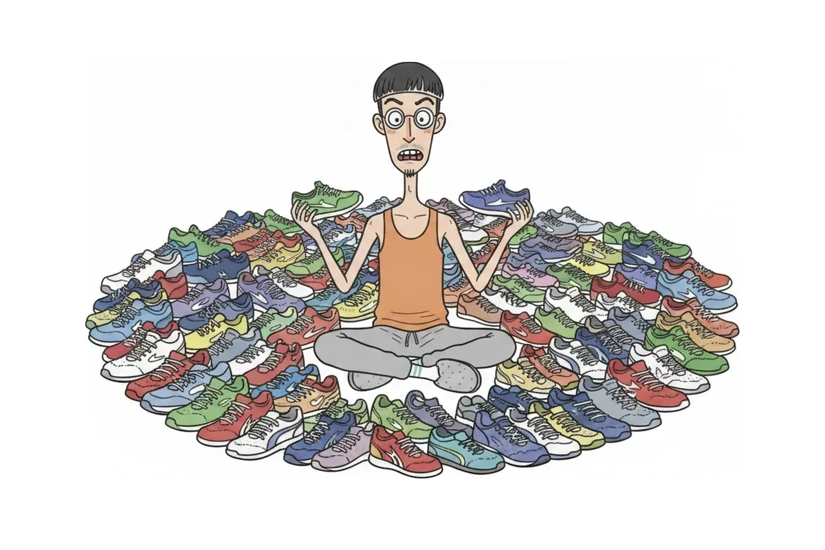 痩せた男性が大量のトレーニングシューズに囲まれて座り、片足だけ靴を履いて2足を見比べているイラスト
