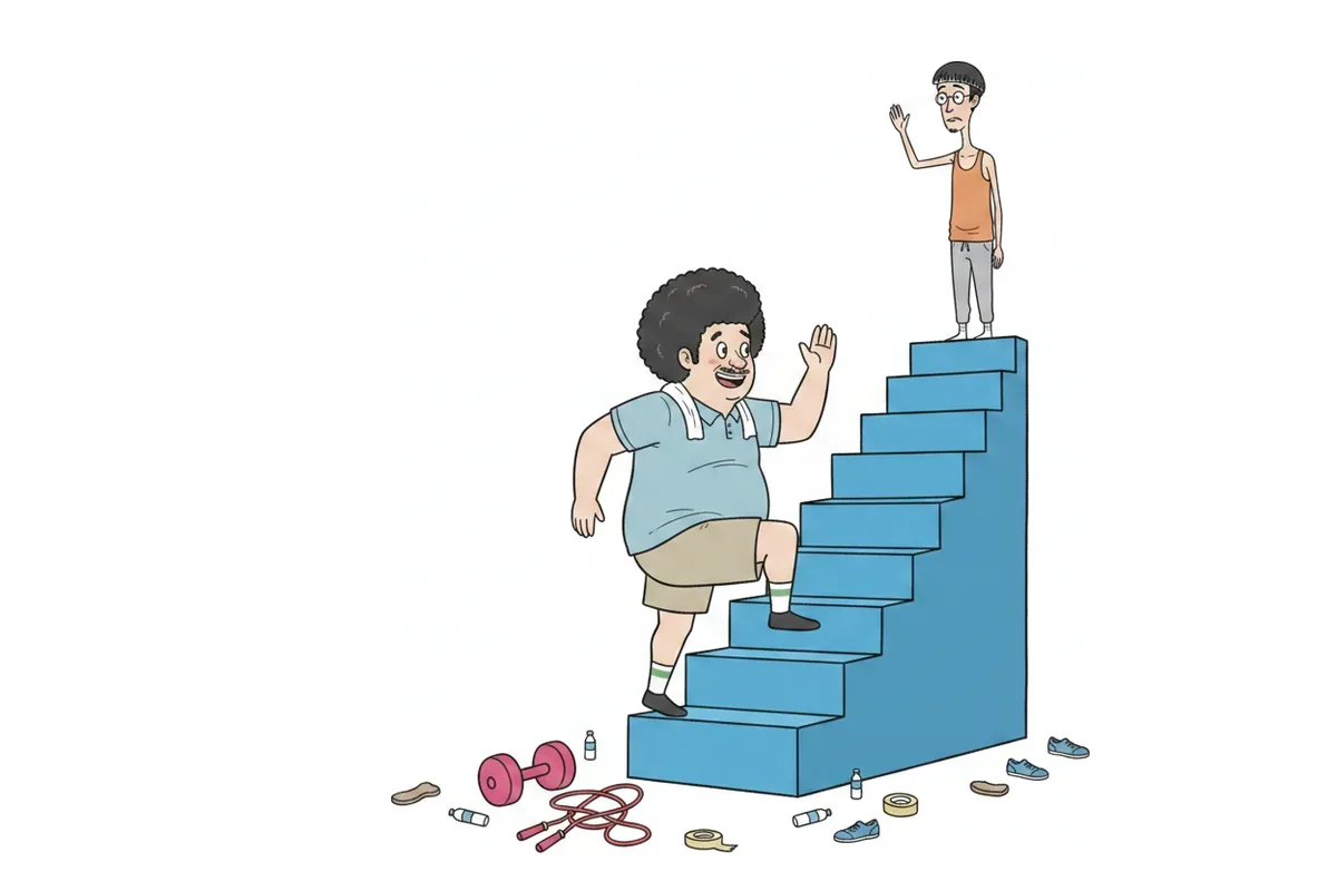 太った男性が踏み台を登り、その先が階段のように高く続いて上で痩せた男性が手を振っているイラスト