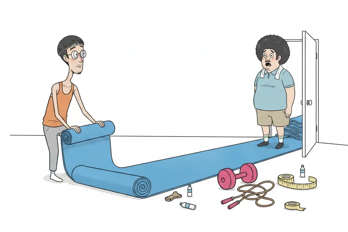 痩せた男性が広げたトレーニングマットが部屋を越えて廊下まで伸び、太った男性が端で驚いているイラスト