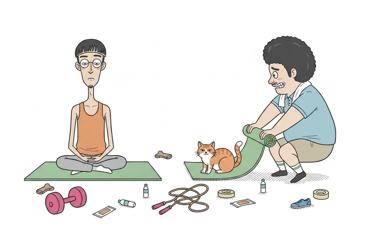 痩せた男性がヨガマットで座禅を組み、猫が乗ったままのマットを太った男性が巻こうとしているイラスト