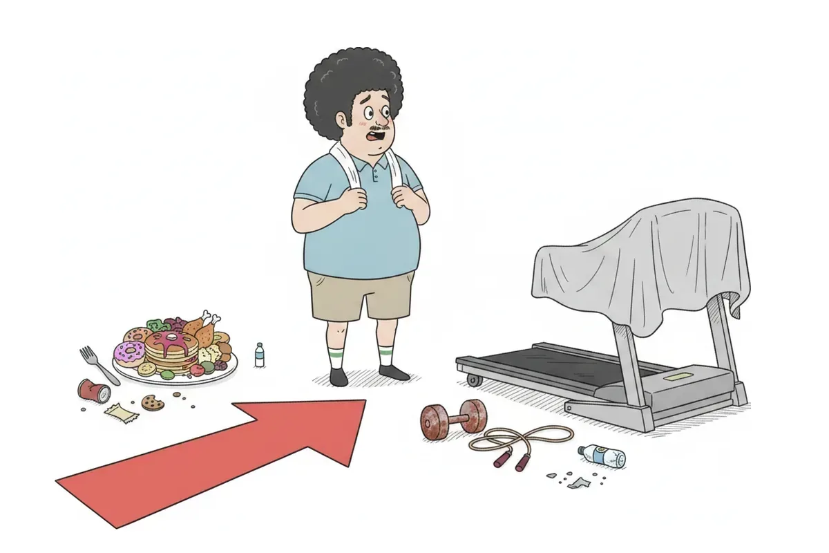 食事の皿の道とランニングマシンの道の分かれ道で、迷っているイラスト