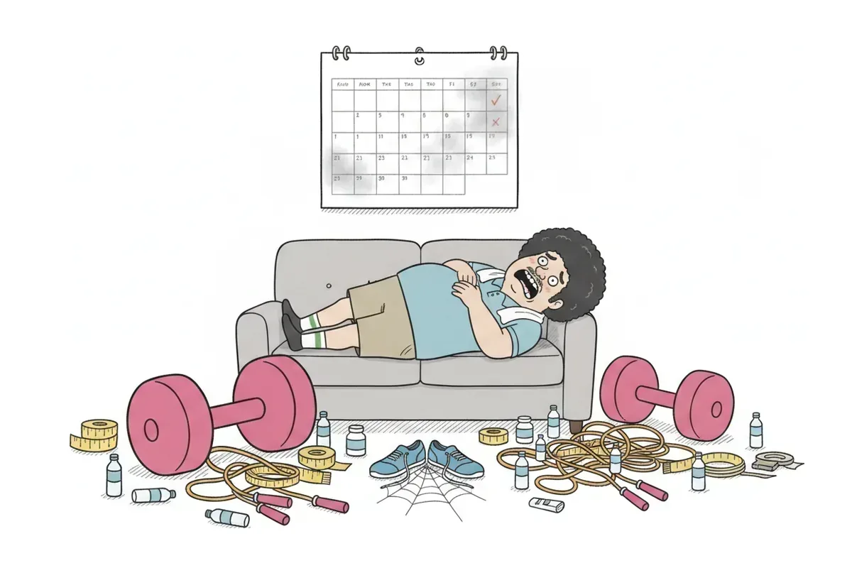 最初の3日だけ印がついた埃だらけのカレンダーの前で、ソファに寝ているイラスト