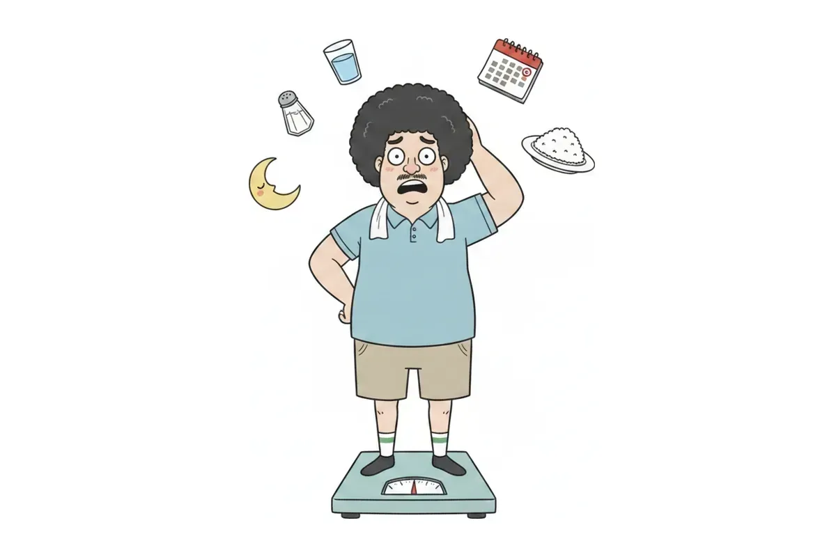 針が止まったままの体重計に乗り、周りに5つの手がかりが浮かんでいるイラスト