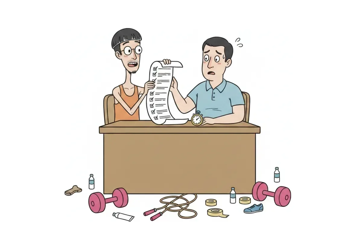 ジムの担当者の前で、7項目にチェックを入れた長いリストを見せているイラスト
