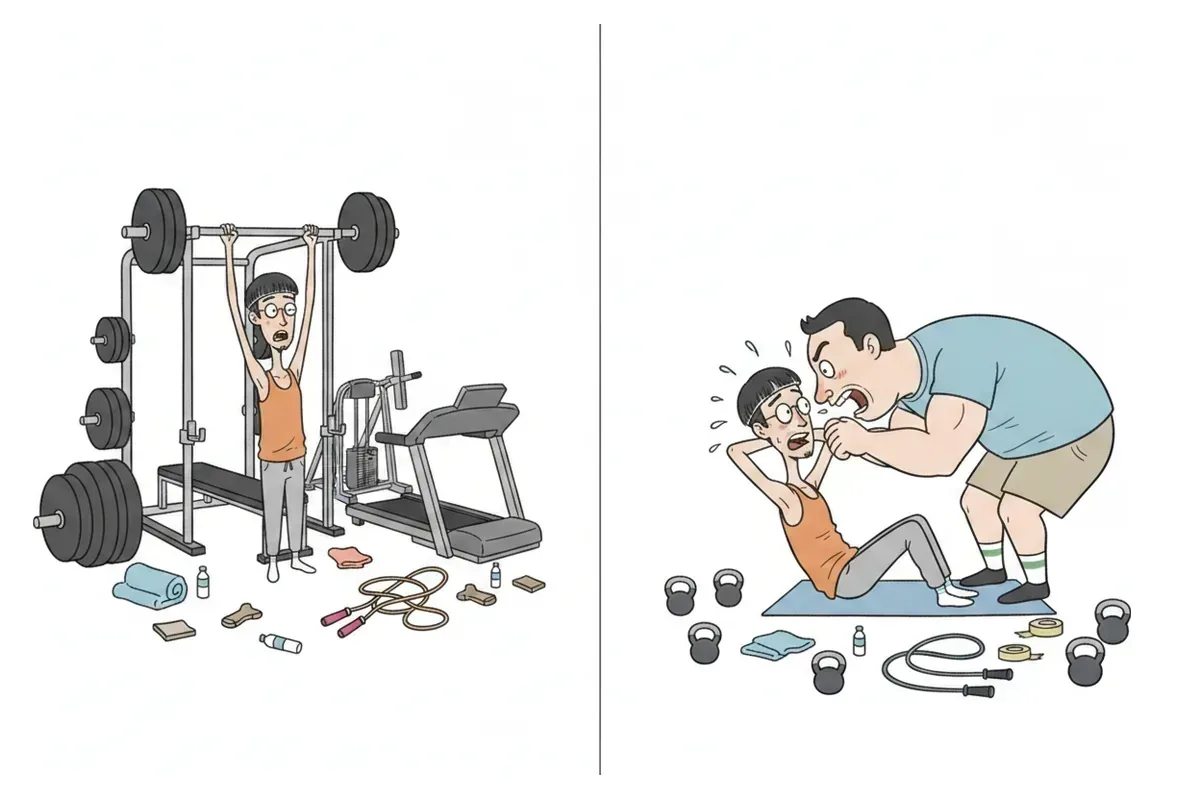 左は広いジムで一人きり、右はトレーナーがすぐ横につく様子を並べたイラスト